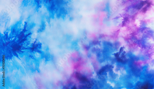 Abstract tie dye pattern with blue and purple swirls on white background.