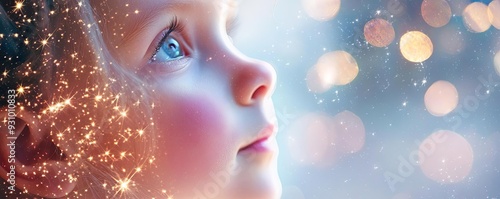 Captivating portrait of a child lost in wonder, surrounded by a magical glow and sparkling lights, evoking a sense of hope and imagination.