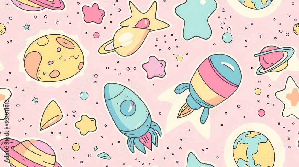 cute seamless pattern of Kawaii Space, Planets cute seamless pattern of Kawaii Space, Planets