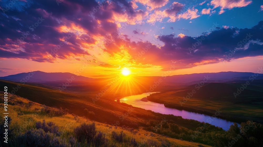 A beautiful sunrise view. The sky is colored a warm orange, with rolling hills, winding rivers A beautiful sunrise view. The sky is colored a warm orange, with rolling hills, winding rivers