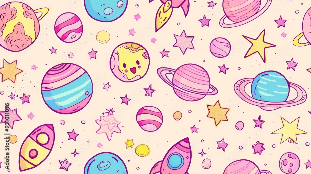 cute seamless pattern of Kawaii Space, Planets cute seamless pattern of Kawaii Space, Planets