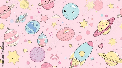 cute seamless pattern of Kawaii Space, Planets