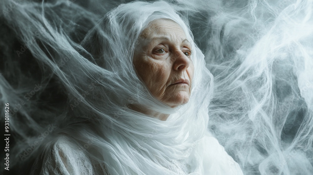 Portrait of Old Woman in White Costume on Black Background Portrait of Old Woman in White Costume on Black Background