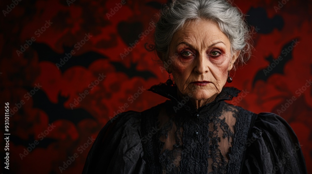 Mystical Vampire Old Woman in Halloween red background Mystical Vampire Old Woman in Halloween red background
