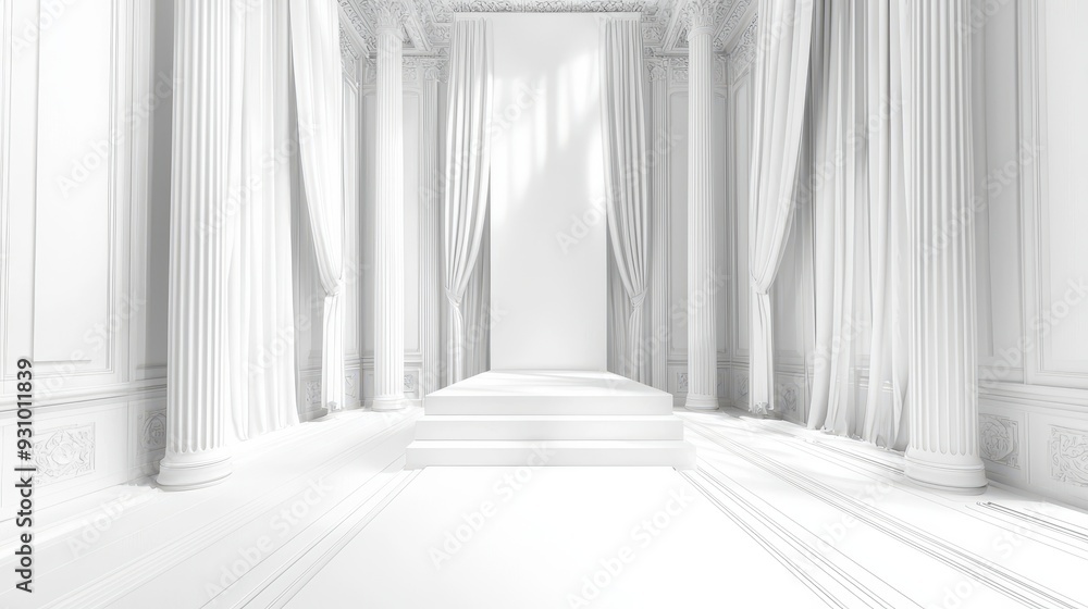 Fototapeta premium White Marble Room with Columns and Drapes