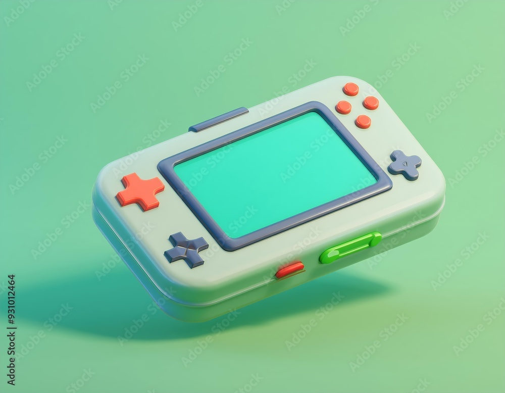 A green and grey handheld gaming device with colorful buttons, 3D illustration A green and grey handheld gaming device with colorful buttons, 3D illustration