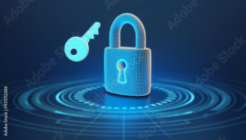 Wallpaper Mural Illustration of cybersecurity concept: A neon lock and key illustration with glowing lines on a deep blue background, symbolizing digital security, encryption, and data protection Torontodigital.ca