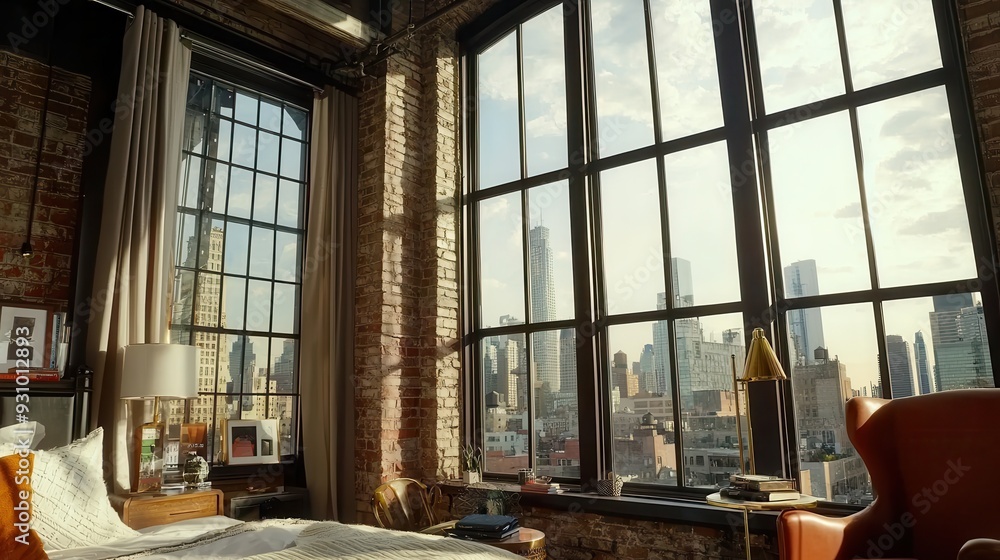 Modern Bedroom with City View and Large Windows Modern Bedroom with City View and Large Windows