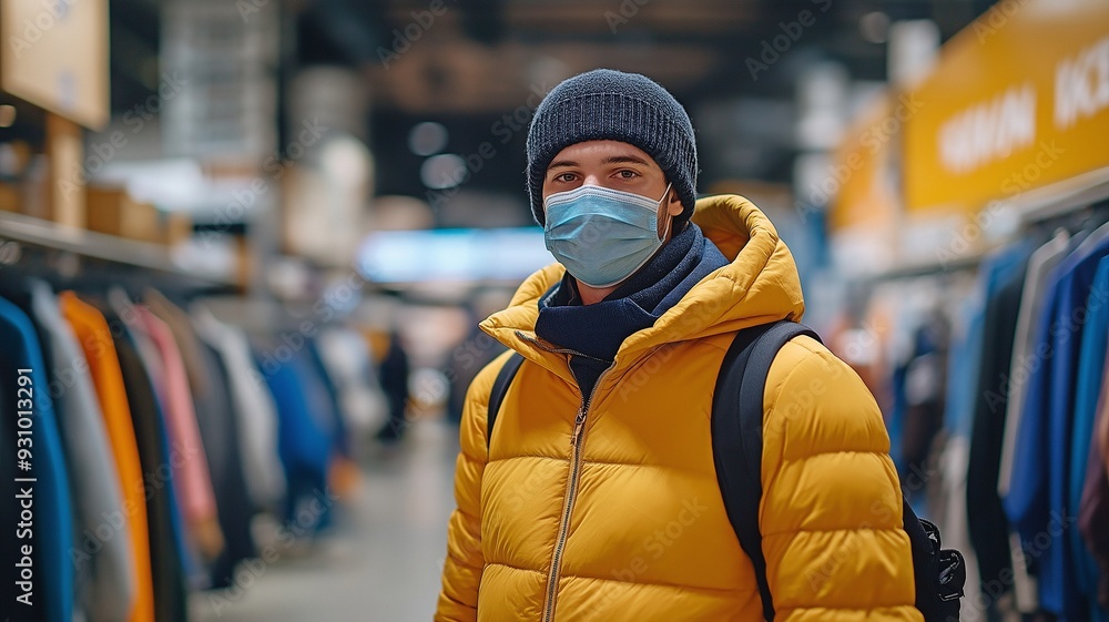 A young man wearing a mask and a yellow winter jacket browses through racks of coats in a modern clothing store. A young man wearing a mask and a yellow winter jacket browses through racks of coats in a modern clothing store.