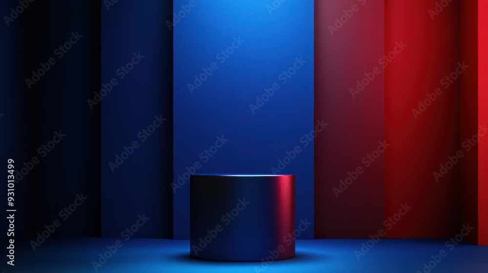 Blue and Red Geometric Background with Cylindrical Platform Blue and Red Geometric Background with Cylindrical Platform