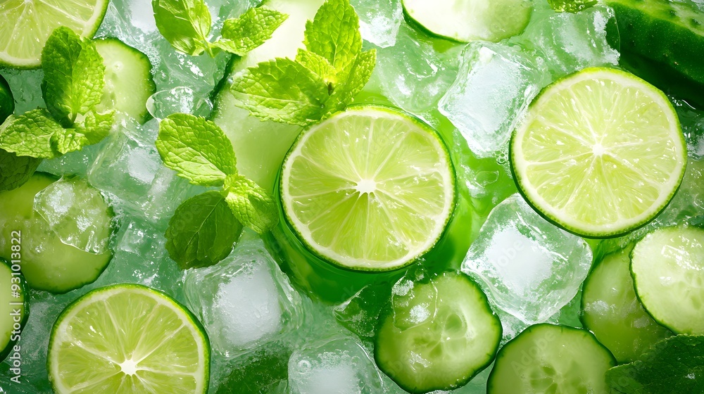 Top view of a cucumber mint cooler with lime slices, ice cubes, and mint sprigs, watercolor illustration, bright and vibrant colors, fresh summer vibes. Top view of a cucumber mint cooler with lime slices, ice cubes, and mint sprigs, watercolor illustration, bright and vibrant colors, fresh summer vibes.