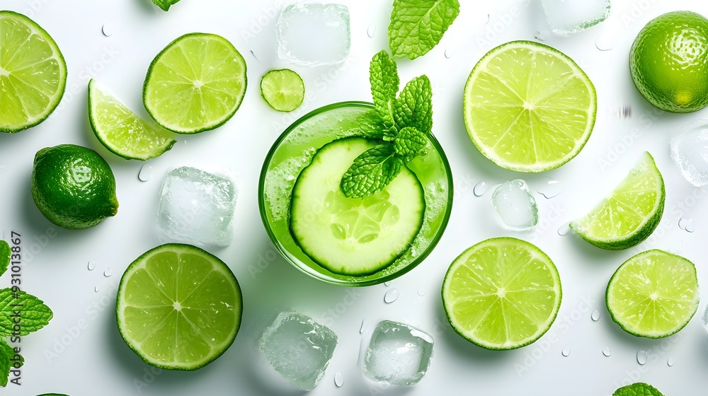 Top view of a cucumber mint cooler with lime slices, ice cubes, and mint sprigs, watercolor illustration, bright and vibrant colors, fresh summer vibes. Top view of a cucumber mint cooler with lime slices, ice cubes, and mint sprigs, watercolor illustration, bright and vibrant colors, fresh summer vibes.