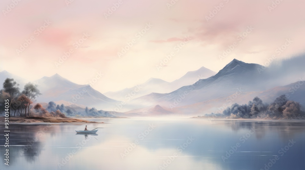 Fototapeta premium Misty lake with mountain backdrop, peaceful morning scene, soft fog