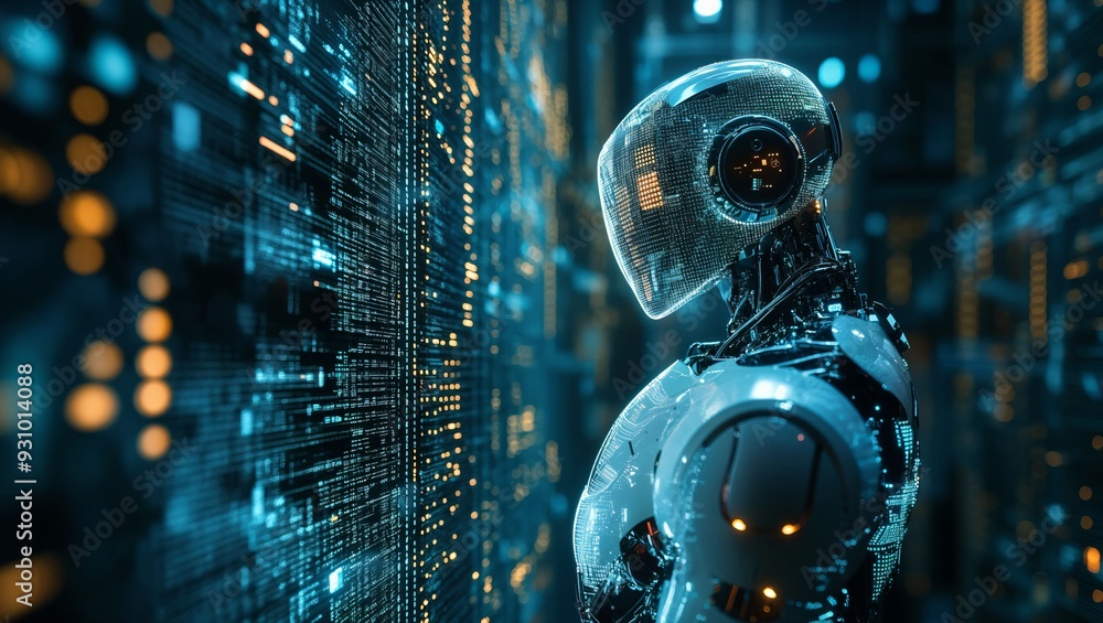 A stunning depiction of a futuristic robot standing in a digital landscape, showcasing its advanced design amidst a backdrop of illuminated data streams and vibrant technology. A stunning depiction of a futuristic robot standing in a digital landscape, showcasing its advanced design amidst a backdrop of illuminated data streams and vibrant technology.