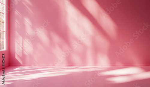 Empty pink room with sunlight and window casting shadows on the wall and floor.