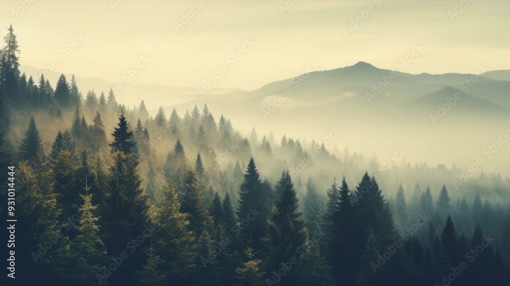 Fototapeta premium Misty landscape with dense fir forest, warm vintage retro style, soft lighting, cool tones, ample copy space