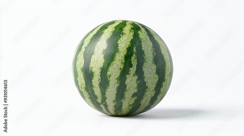 A whole watermelon with green stripes and a white background. A whole watermelon with green stripes and a white background.