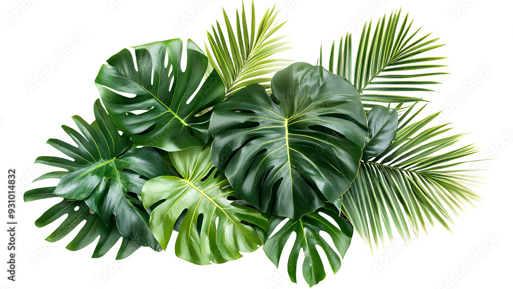 Tropical Greenery Arrangement - High-Resolution Image of Lush Monstera and Palm Leaves Tropical Greenery Arrangement - High-Resolution Image of Lush Monstera and Palm Leaves