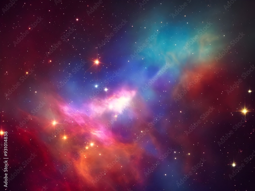 Fototapeta premium Vibrant Cosmic Nebula with Colorful Light Beams and Starry Background in Deep Space 