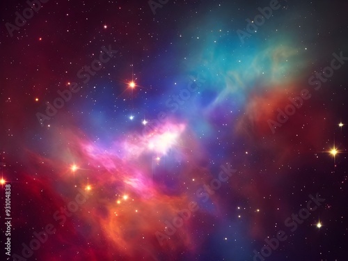 Vibrant Cosmic Nebula with Colorful Light Beams and Starry Background in Deep Space 