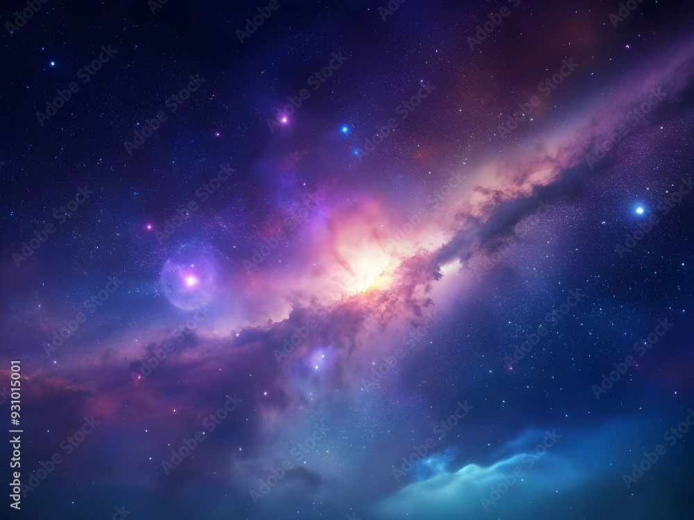 Fototapeta premium Vibrant Cosmic Nebula with Colorful Light Beams and Starry Background in Deep Space 