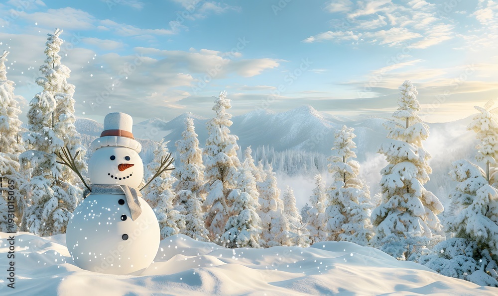 Fototapeta premium Panoramic view of happy snowman in winter secenery with copy space. 