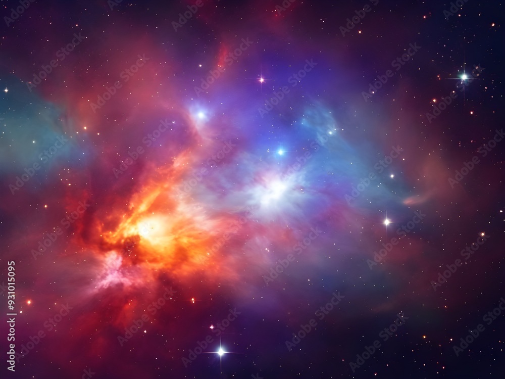 Fototapeta premium Vibrant Cosmic Nebula with Colorful Light Beams and Starry Background in Deep Space 