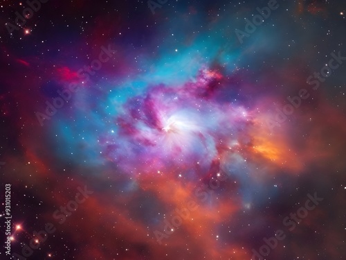 Vibrant Cosmic Nebula with Colorful Light Beams and Starry Background in Deep Space 