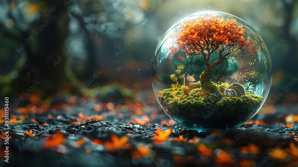 animals and trees inside of glass ball. glass ball with colorful vibrant world. animals and trees inside of glass ball. glass ball with colorful vibrant world.
