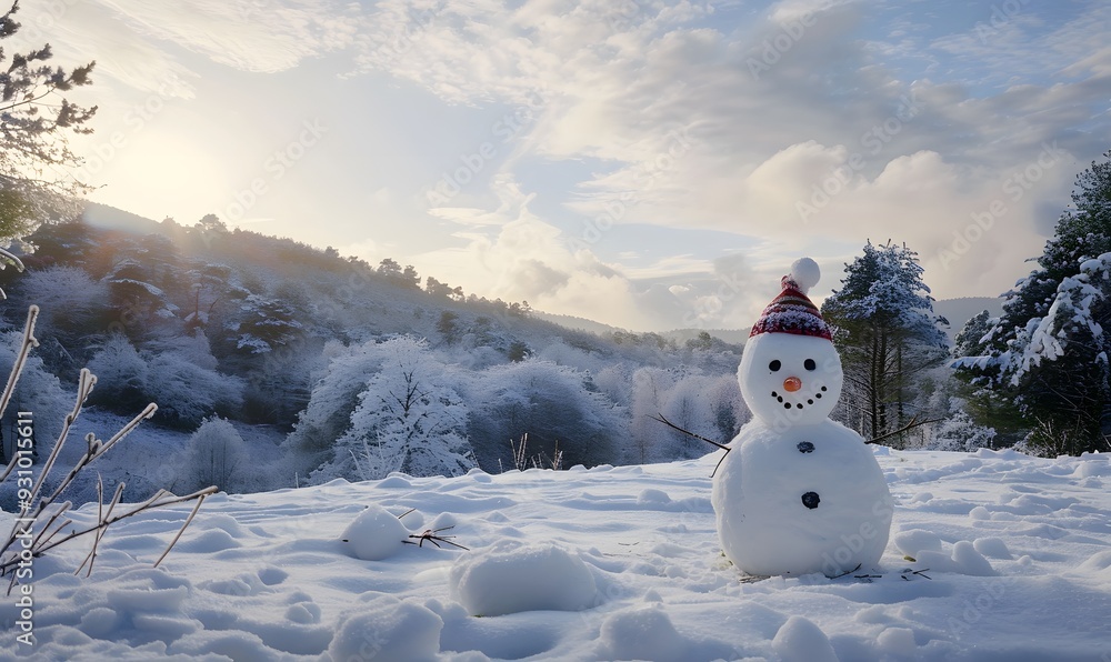 Obraz premium Panoramic view of happy snowman in winter secenery with copy space. 