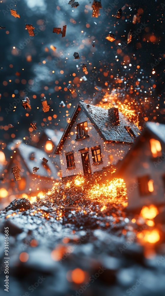 3D Blender concept of a collapsing housing market, featuring symbols of homes with downward arrows, space for text 3D Blender concept of a collapsing housing market, featuring symbols of homes with downward arrows, space for text