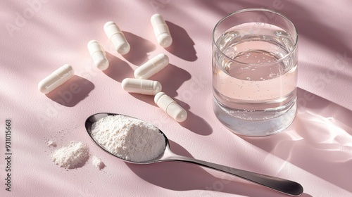 Collagen powder and collagen capsules on pink background