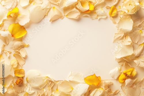 Minimalist blank paper mock up surrounded by scattered dried flower petals, providing a delicate and nostalgic setting with generous copy space.