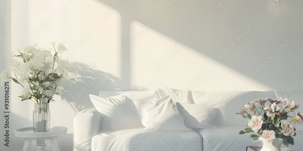 Serene Living Room with Soft Natural Light and Elegant Floral Decor Serene Living Room with Soft Natural Light and Elegant Floral Decor