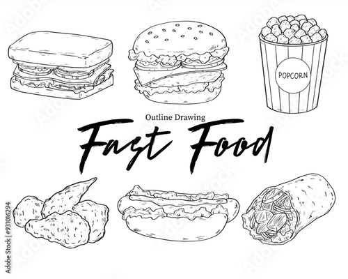 Collection of Fast Food Outline Drawing Illustration