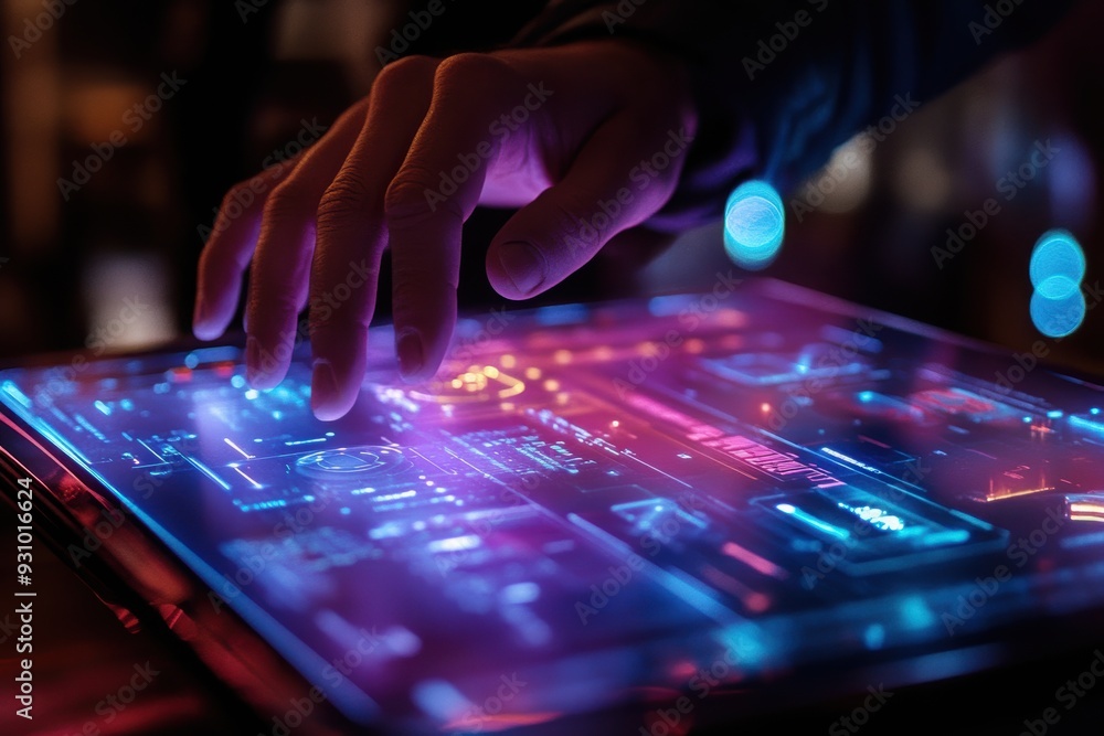 Close-up of a hand interacting with a futuristic touchscreen display, showcasing advanced digital technology and modern user interface design. Close-up of a hand interacting with a futuristic touchscreen display, showcasing advanced digital technology and modern user interface design.
