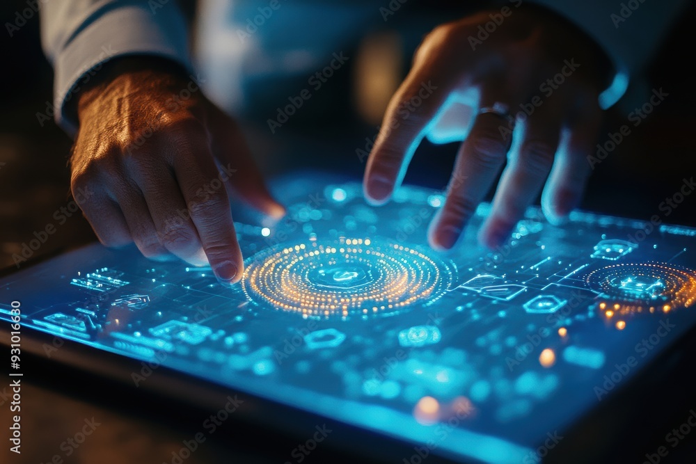 Close-up of hands interacting with a futuristic digital interface, featuring glowing data visualizations and advanced touch controls. Close-up of hands interacting with a futuristic digital interface, featuring glowing data visualizations and advanced touch controls.