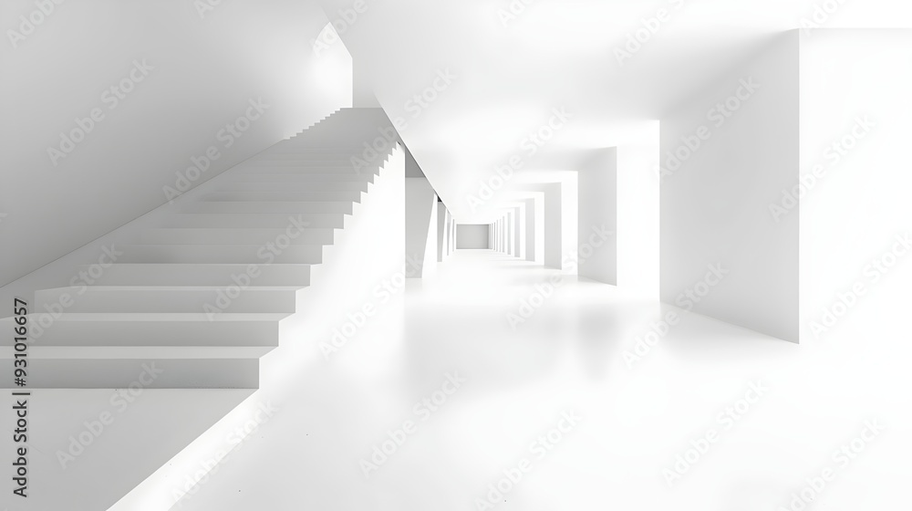 Obraz premium Minimalistyczne, białe wnętrze z długim korytarzem i schodami tworzy surrealistyczną i eteryczną przestrzeń architektoniczną skąpaną w miękkim świetle.