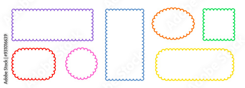 Border frame scallop edge rectangle, oval, round vector shape. Wave scallop squiggle cute simple rectangle border set. Simple wavy squiggly line retro photo picture frame. Vector illustration