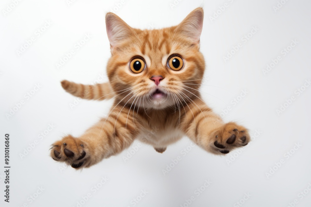 photograph of Funny flying cat jumps in the air looking at the camera. on a white background photograph of Funny flying cat jumps in the air looking at the camera. on a white background