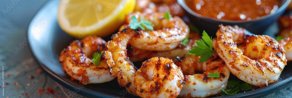 Grilled Squid on a Plate Accompanied by Seafood Dipping Sauce Grilled Squid on a Plate Accompanied by Seafood Dipping Sauce