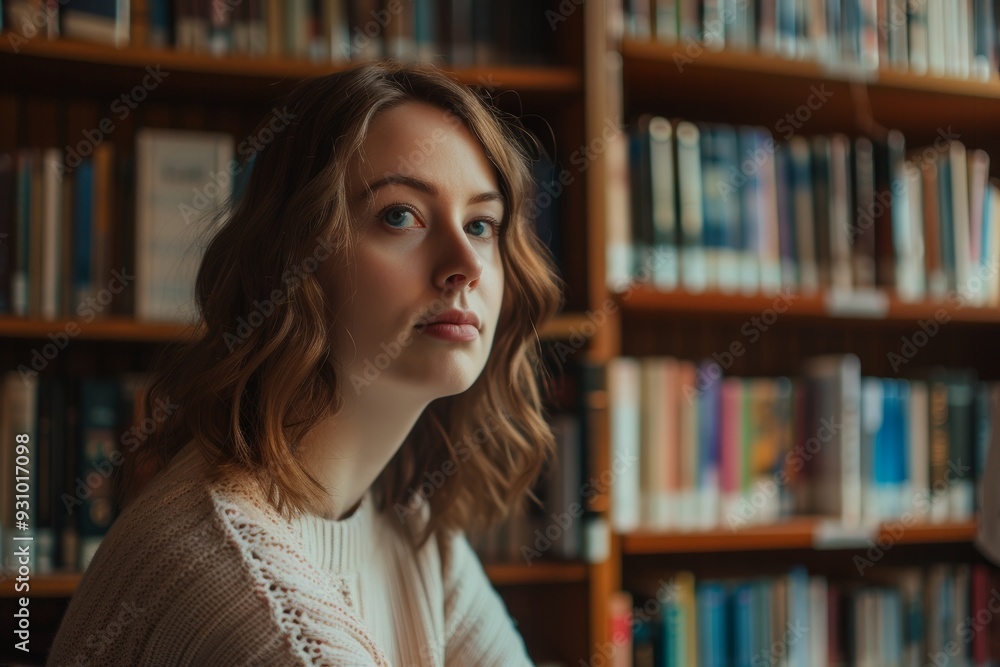 Contemplative Woman Reads in Library Contemplative Woman Reads in Library