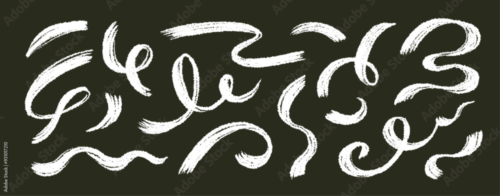 Brush line stroke squiggly paint set on chalkboard. Hand drawn doodle swirl wave brush curly charcoal stroke. Line squiggly paint curly hand drawn ink calligraphy elements. Vector illustration. Brush line stroke squiggly paint set on chalkboard. Hand drawn doodle swirl wave brush curly charcoal stroke. Line squiggly paint curly hand drawn ink calligraphy elements. Vector illustration.