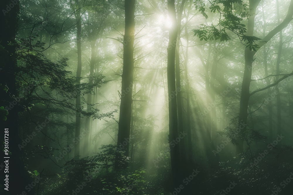 Naklejka premium Sunlight in Misty Forest