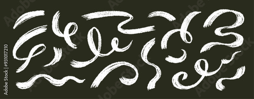 Brush line stroke squiggly paint set on chalkboard. Hand drawn doodle swirl wave brush curly charcoal stroke. Line squiggly paint curly hand drawn ink calligraphy elements. Vector illustration.