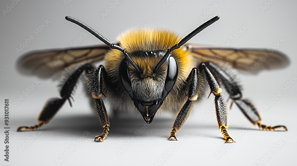 A close-up view of a bumblebee with its wings slightly spread out, focusing on its hairy body and black and yellow stripes. A close-up view of a bumblebee with its wings slightly spread out, focusing on its hairy body and black and yellow stripes.