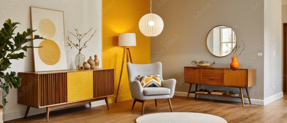 Fototapeta premium Cozy and stylish mid-century modern living room featuring vintage furniture, vibrant yellow accents, and unique decorative elements, creating a warm and inviting atmosphere.