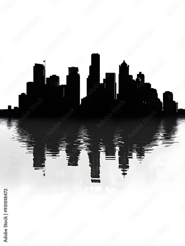 A stark black and white silhouette of a city skyline reflected in the water. A stark black and white silhouette of a city skyline reflected in the water.