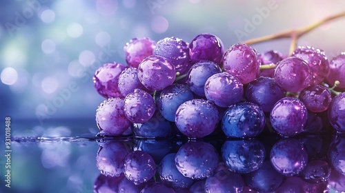 A Bunch of Purple Grapes with Water Drops on a Blue Background