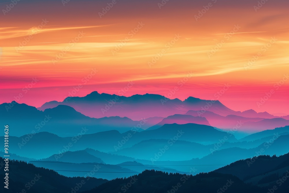 Fototapeta premium Mesmerizing Sunset Panorama Over Mountain Silhouette